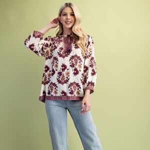 GiGiO Floral Fall Print 3/4 Length Sleeve Blouse Violet